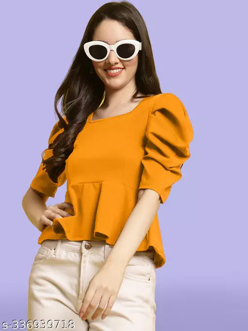 Women Square Neck Puff Sleeves Peplum Top (Women Top | Women Tops | Top)
