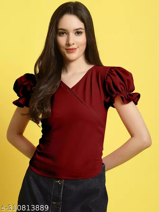 Women Maroon Solid Puff Sleeve Wrap Top (Women Top | Women Tops | Top)