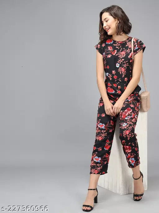 Vivient Women Maroon Floral Printed Black Jumpsuite