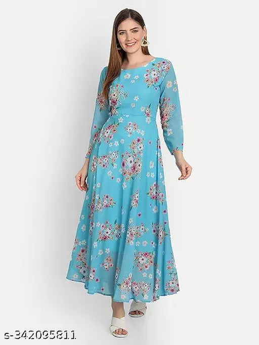 QVAZOR Stylish Fancy Trendy Printed Georgette Gown For Women For Party Wedding Festival Functions