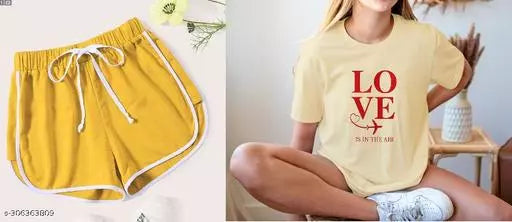Vivient Women Mustard Shorts and Yellow Love Printed T-Shirt Combo