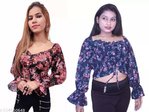 WOMEN CROP TOPS WITH FLORAL PRINTED AND STYLISH NECK