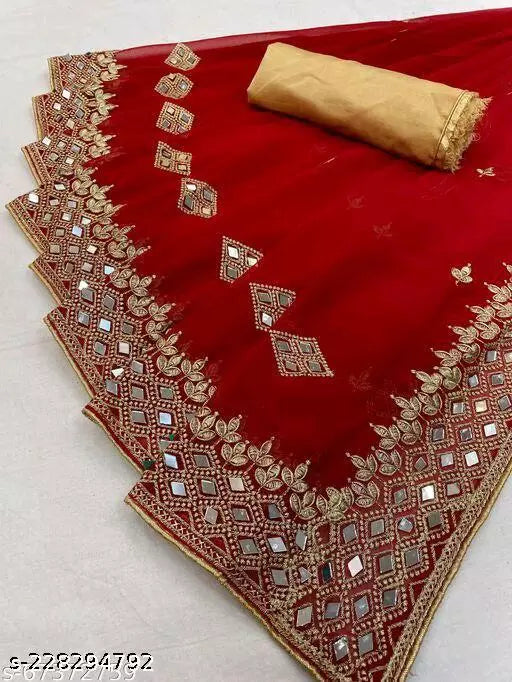 HEAVY KAJU DESIGN EMBROIDERY WORK WITH MIRROR SAREE BY KRADDLE