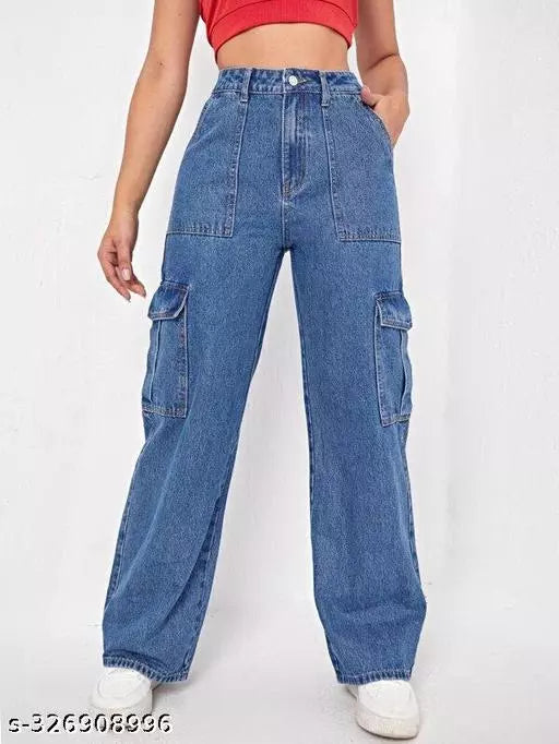 WOMEN LATEST CARGO TROUSERS | SOLID HIGH-RISE CARGO JEANS | 6 POCKET WIDE LEG DENIMS | 80'S ROCKER-CHIC INSPIRED CARGO PANTS | SIT ABOVE | NON-STRETCH FIT WITH A WIDE LEG | SPORTY LOOK LOOSE FIT DENIMS