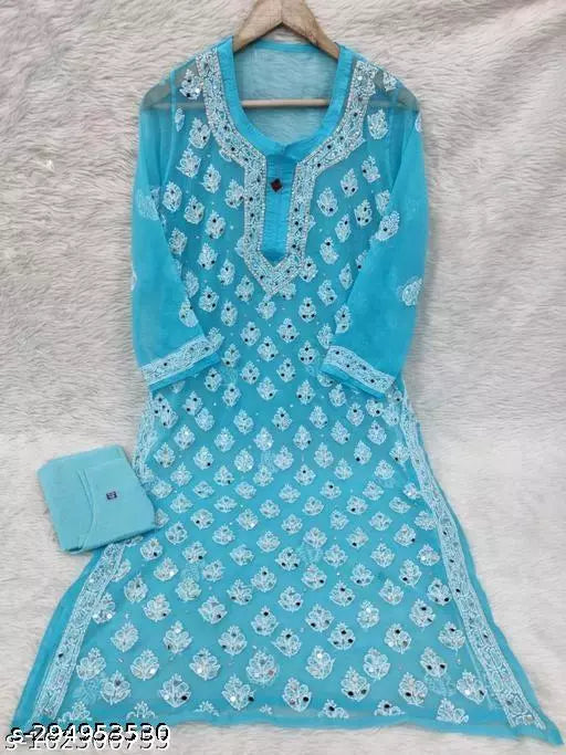 Chikankari Mirror Work Embroidered Booti Jaal Long Handwork Kurti with Inner.