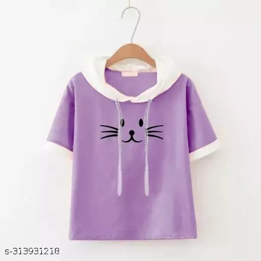 Women Color Block HALF Sleeve Designer hooded casual wear Top for women and Girls