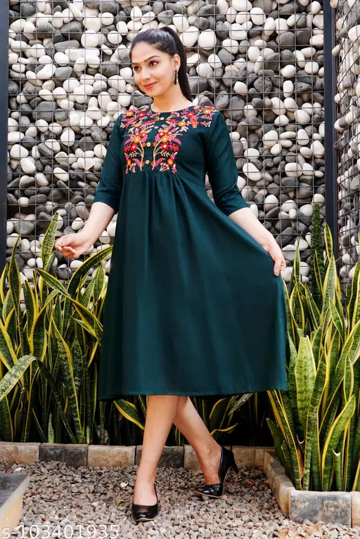 Shree Ganesh fashion's Rayon Anarkali Dark Green  Embroidered Kurti for women