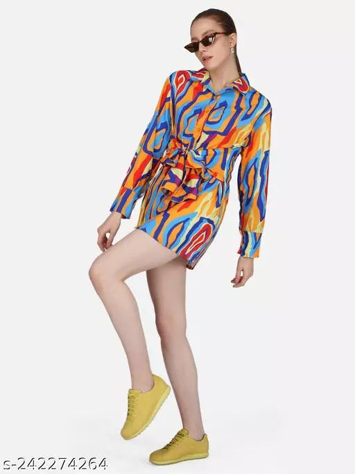 Multicolor Belted Collared Front Open Shirt Style Dresses For Women
