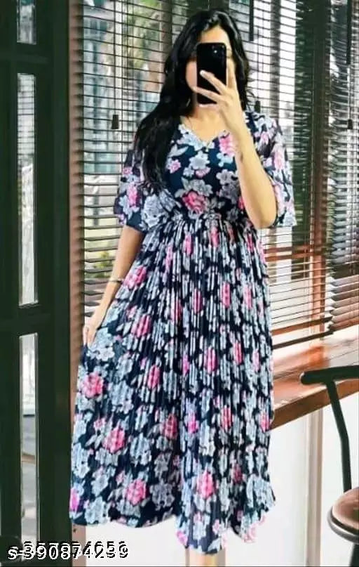 JKP COLLECTION Women & Girl Georgette Fabric  Pattern Floral Printed  Fit & Flared  V Neck  Short Sleeve Dresses In Colour Blue