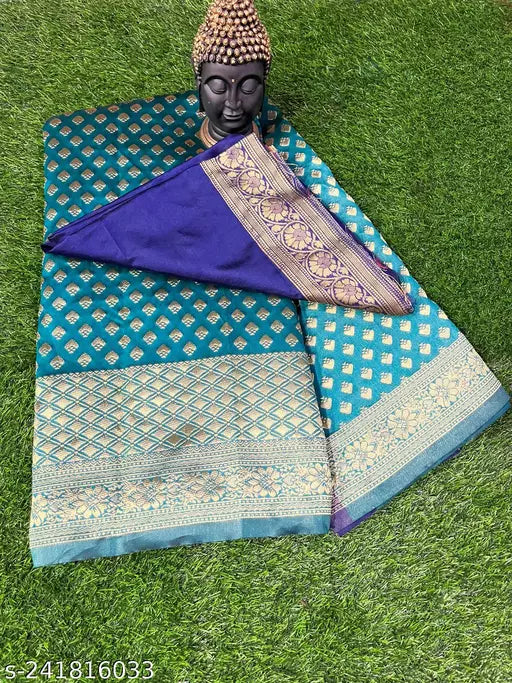 Woven Kanjivaram Jacquard  Pure Silk Saree  Banarasi Sarees jacquard silk saree Wedding Wear Party Wear Daily Wear sarees Rama Blue