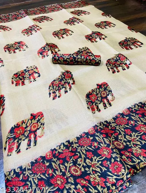 ELEPHANT PRINTED KHADI SILK BLENDED LIGHT WEIGHT COMFERTABLE WEAR SAREE WITH BLOUSE
