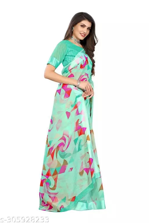 BEST DESIGNER LIGHT WEIGHT COMFERTABLE WEAR BEAUTIFUL SAREE ( CHANDERI COTTON- MIX LENIN) WITH BLOUSE