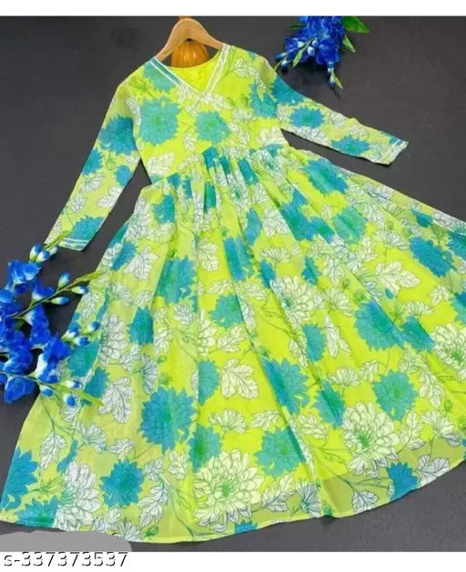 QVAZOR Stylish Fancy Trendy Printed Georgette Gown For Women For Party Wedding Festival Functions