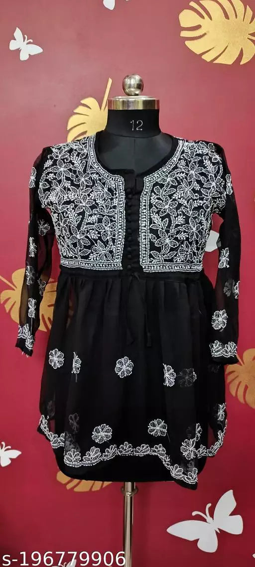 Handwork Embroidere Chikankari Chiffon Short Frock kurti .