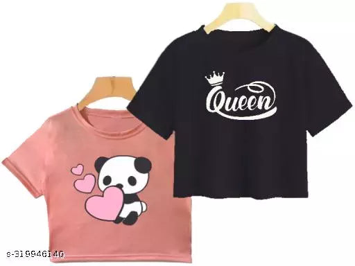Trendy Feminine Printed Crop Tshirt Round Neck Top For Womens (Combo2)