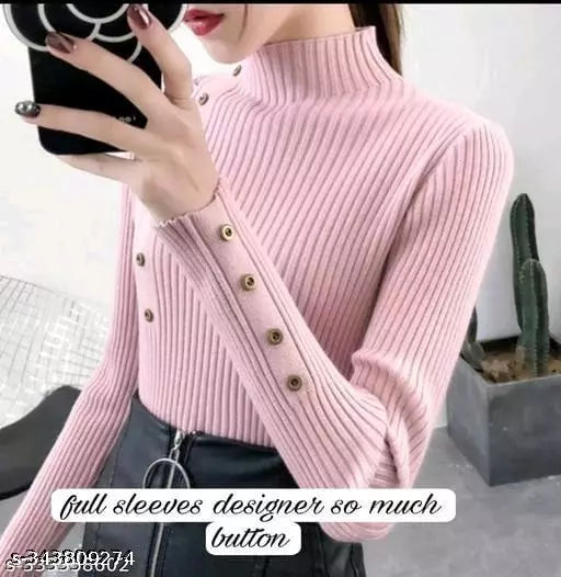 Jkp Collection India Women's & Girl's Casual Top For Ribbed Pattern Mandarin Neck Full Sleeve Regular Fit Top In Color Pink