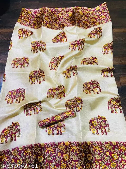 ELEPHANT PRINTED KHADI SILK BLENDED LIGHT WEIGHT COMFERTABLE WEAR SAREE WITH BLOUSE