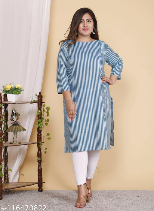 Shritikas Designer Blue Stripes Straight Cotton Plus Size Kurti For Women - 60s Cotton 