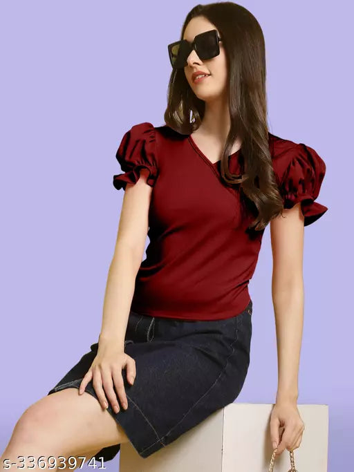 Women Maroon Solid Puff Sleeve Wrap Top (Women Top | Women Tops | Top)