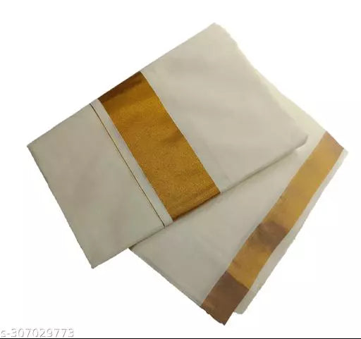 REAL HAND WOOVEN KERALA KASAVUE PURE COTTON COLOR CREAM / BEIGE WITH GOLD COLOR ZARI 2 BY 3 SAREE WITH UNSTICHED BLOUSE