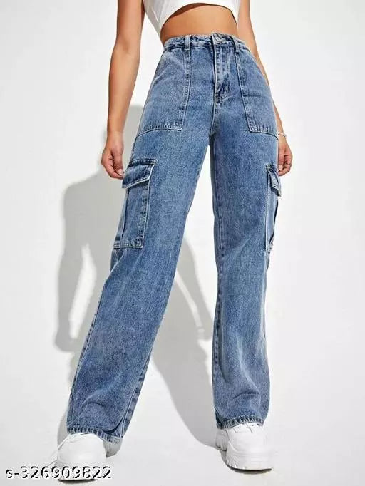 WOMEN LATEST CARGO TROUSERS | SOLID HIGH-RISE CARGO JEANS | 6 POCKET WIDE LEG DENIMS | 80'S ROCKER-CHIC INSPIRED CARGO PANTS | SIT ABOVE | NON-STRETCH FIT WITH A WIDE LEG | SPORTY LOOK LOOSE FIT DENIMS