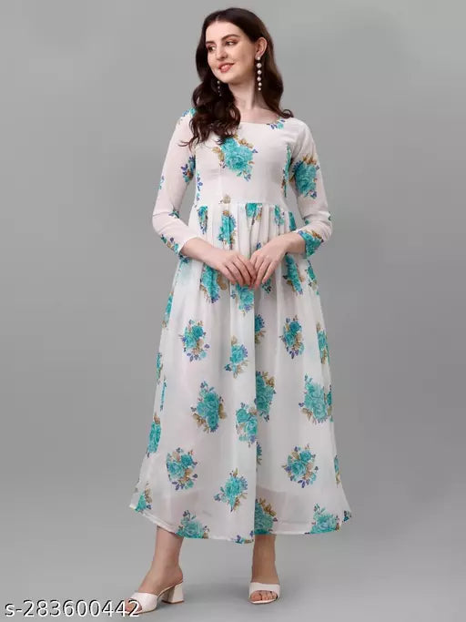 QVAZOR Stylish Fancy Trendy Printed Georgette Gown For Women For Party Wedding Festival Functions
