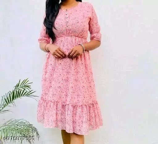 JKP COLLECTIONs Womens & Girls A-Line Dress  Casual Wear Printed & Short Sleeve Dress Fabric Cotton In Color Pink