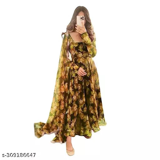 QVAZOR Stylish Fancy Trendy Printed Georgette Gown For Women For Party Wedding Festival Functions