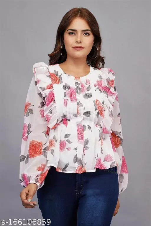 Full Sleeves Floral Printed Peplum Multicolour Top