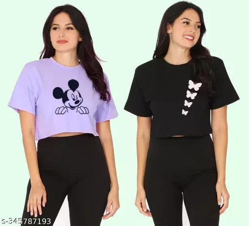 Trendy Feminine Printed Crop Tshirt Round Neck Top For Womens