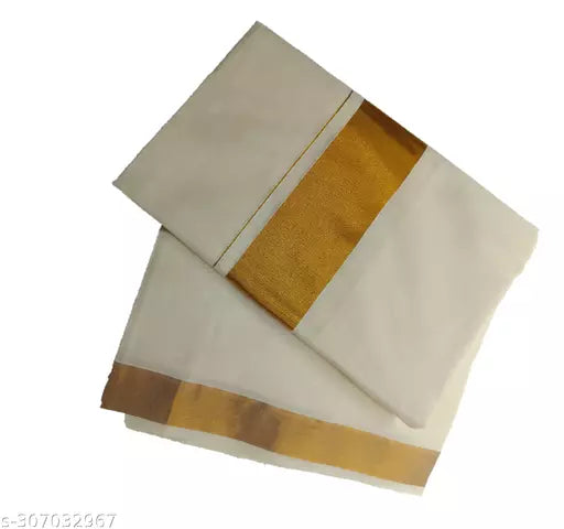 REAL HAND WOOVEN KERALA KASAVUE PURE COTTON COLOR CREAM / BEIGE WITH GOLD COLOR ZARI 2 BY 3 SAREE WITH UNSTICHED BLOUSE