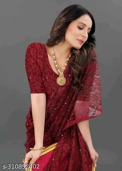 Belt Style Net maroon Ready To Wear Sarees With Unstich Blouse