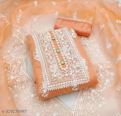 Women's Peach Floral Embroidered Organza Suits & Dress Materials