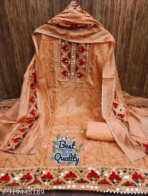 Unstiched Party Wear Chanderi Cotton Mirror Work Orange Colour Salwar Suits & Dress Materials