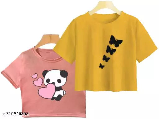 Trendy Feminine Printed Crop Tshirt Round Neck Top For Womens (Combo2)