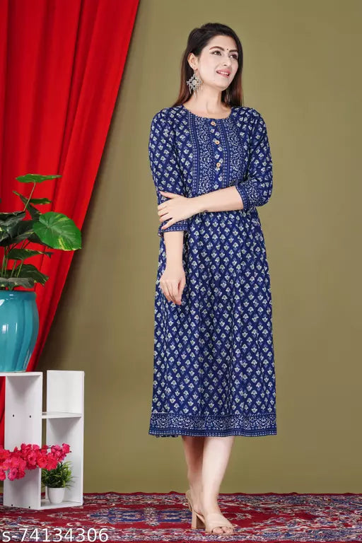 Charvi Teal Premium Rayon Printed Women Gown