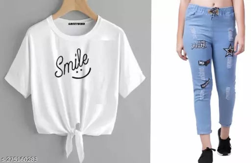 smile t_shirt & light & dark blue jeans
