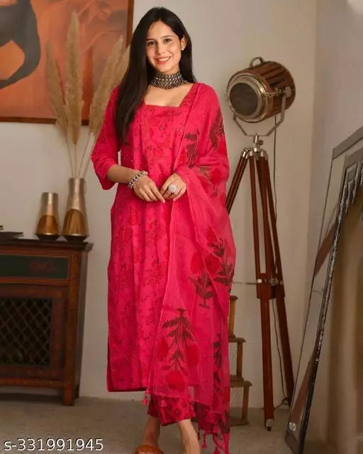 Anni Designer Women's Pink Cotton Blend Ethnic Motifs Printed Kurta with Trouser & Dupatta