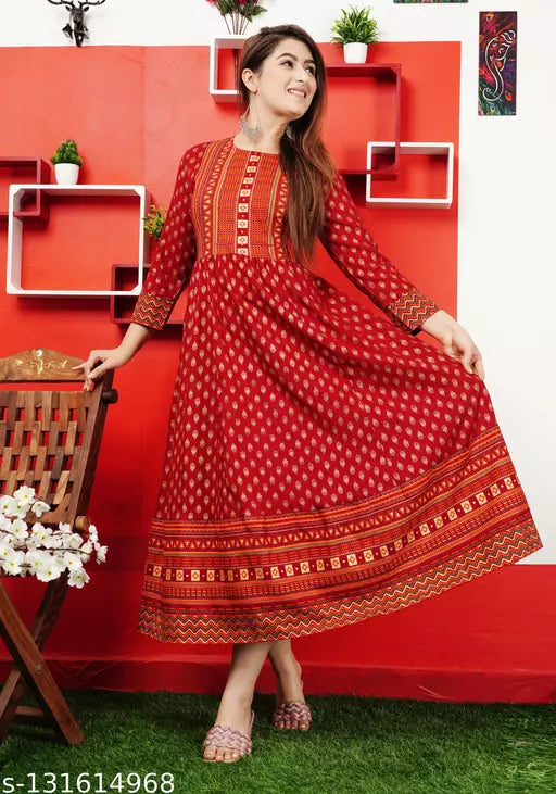 Stylish Women Printed  Rayon Ethnic Dress Maroon