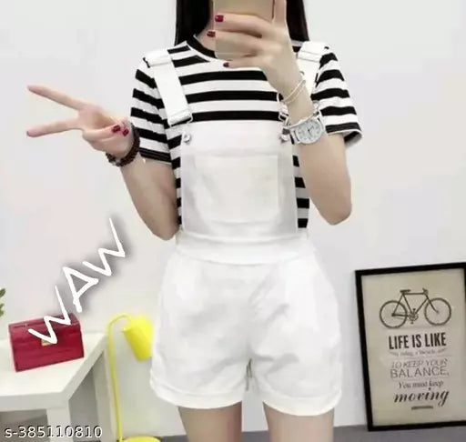 Women s & Girls Romper Korean Style Dangree With T-Shirt Fabric Cotton Color White