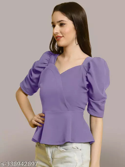 Sweetheart Neck Puff Sleeves Peplum Top (Women Top | Women Tops | Top)