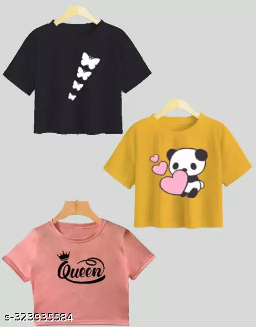 Trendy Feminine Printed Crop Tshirt Round Neck Top For Womens (Combo3)