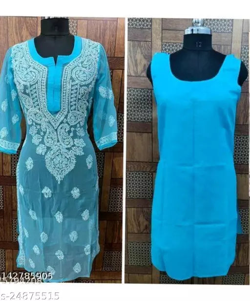Handwork Embroidered Chikankari Chiffon SideCarry Long kurti.