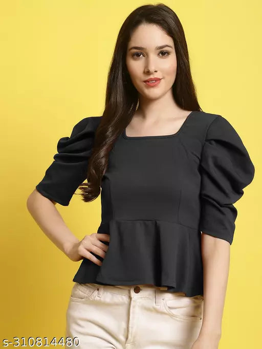 Women Square Neck Puff Sleeves Peplum Top (Women Top | Women Tops | Top)