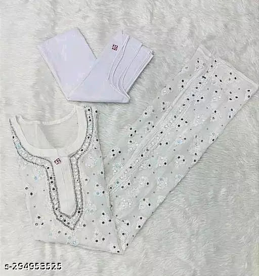 Chikankari Mirror Work Embroidered Booti Jaal Long Handwork Kurti with Inner.