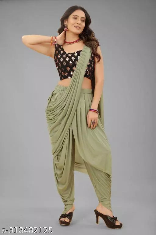 Ready To Wear Lycra Dhoti Style Fancy Party Wear Sarees Olive Colour Sarees with sequance blouse BY Kraddle