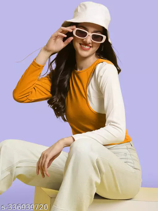 Casual Regular Sleeves Color Block Women Yellow  White Top (Women Top | Women Tops | Top)