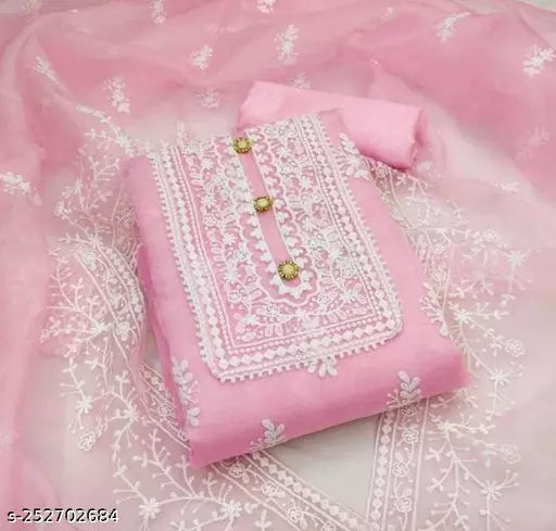FANCY UNSTICHED ORGANZA SILK BARFI WITH EMBROIDERED DOUBLE  MULTI WORK DRESS MATERIAL SUIT FOR WOMEN