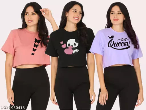 Trendy Feminine Printed Crop Top Round Neck Top For Womens (Pack Of 3)