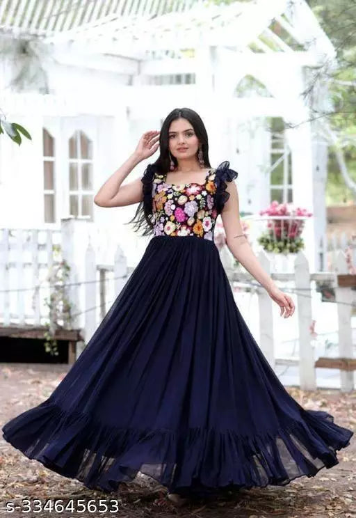 Elegant Georgette Anarkali Dresses: Fancy Party Wear Navy Blue Gown for Women.